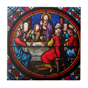 A stained glass image of the last supper tile