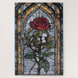 A Stained Glass Window with Dark Red Rose Jigsaw Puzzle