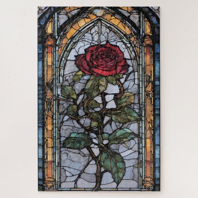 A Stained Glass Window with Dark Red Rose Jigsaw Puzzle (Vertical)