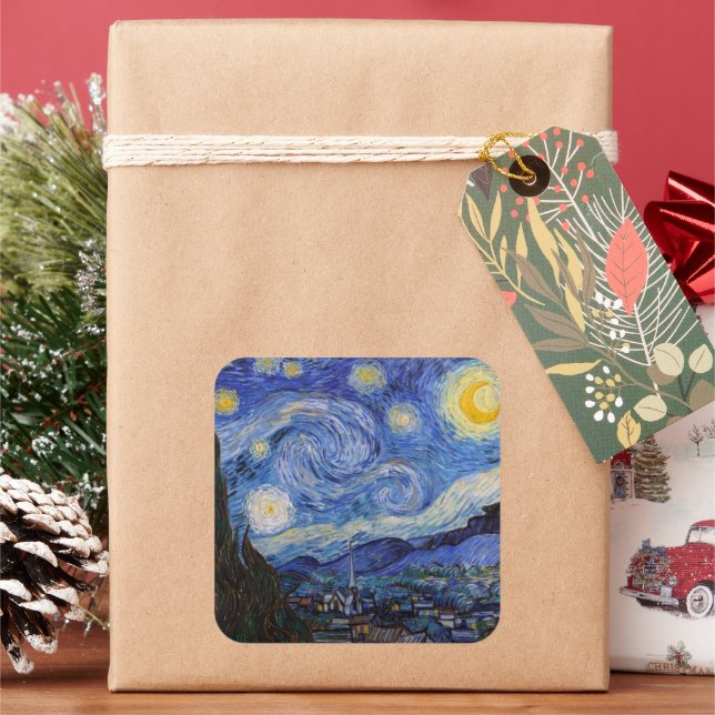 A Starry Night: Saint Remy by Vincent Van Gogh Square Sticker (Holiday)