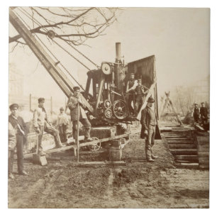 A steam crane in operation during the building of tile