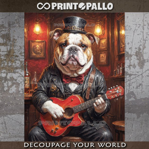 A steampunk bulldog playing guitar in pub -  tissue paper