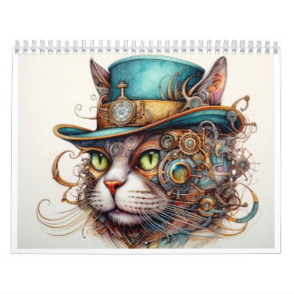 A steampunk calendar with a cat