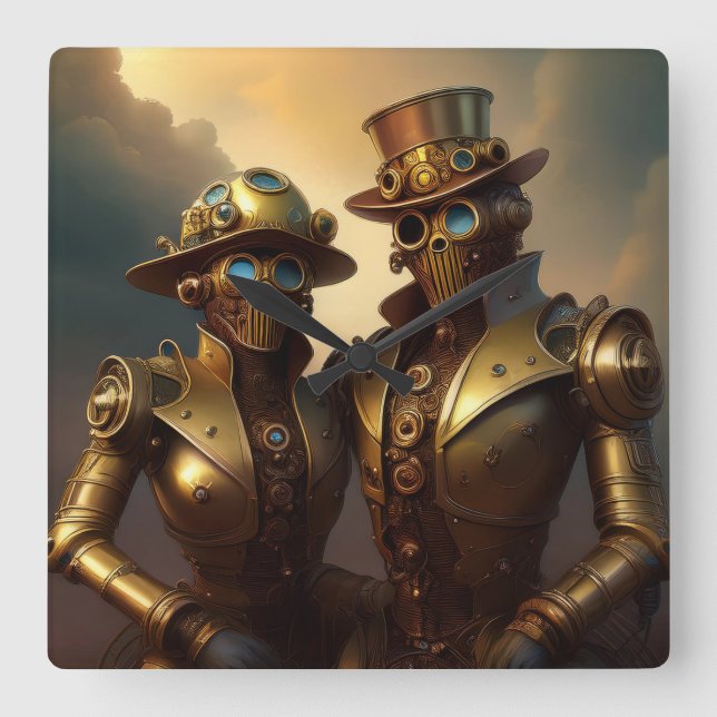 A Steampunk Robotic Couple In Love Square Wall Clock (Front)