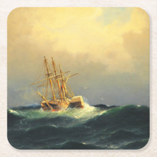 A steamship in a storm in the Atlantic Ocean Square Paper Coaster