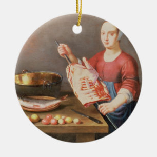 A Still Life of Meat and Fish with a Cook Ceramic Tree Decoration