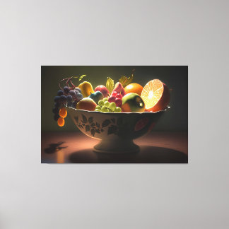 A still life painting of a bowl of fruits canvas p