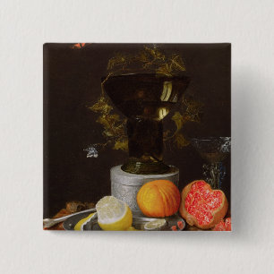 A Still Life with a Glass and Fruit on a Ledge 15 Cm Square Badge
