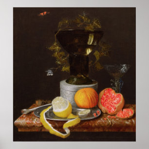 A Still Life with a Glass and Fruit on a Ledge Poster