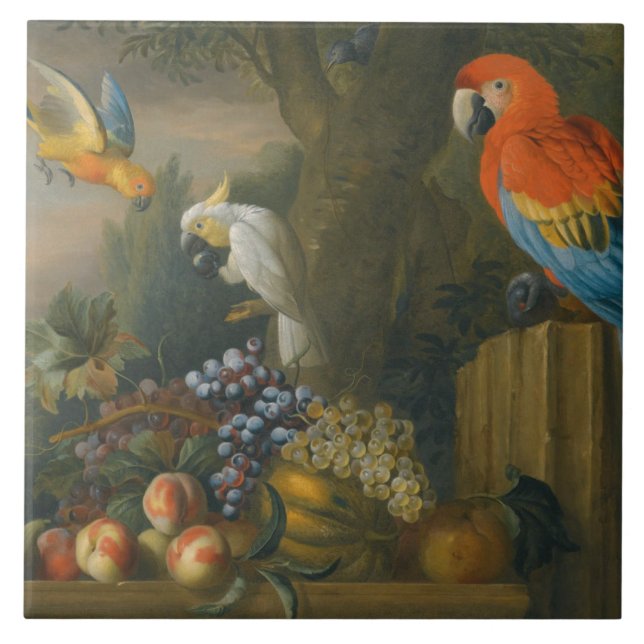 A Still Life With Fruit, Parrots And a Cockatoo Tile (Front)