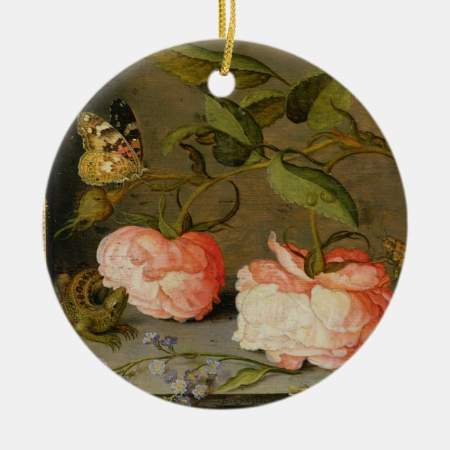 A Still Life with Roses on a Ledge Ceramic Tree Decoration (Front)