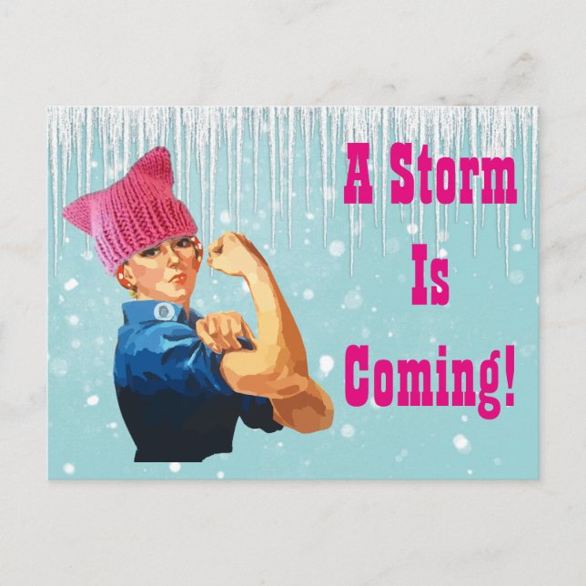 "A Storm is Coming" With Rosie in Pink Hat Postcard (Front)