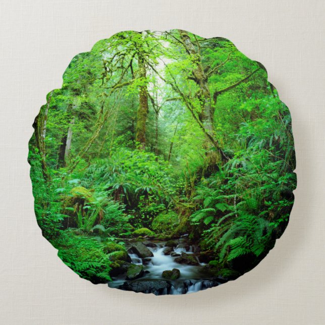 A stream in an old-growth forest round cushion (Front)