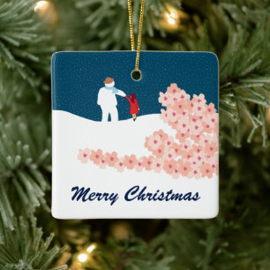 A Stroll With Snowman Christmas Ceramic Ornament