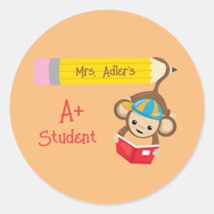 A+ Student Customisable Monkey Reading Book Classic Round Sticker