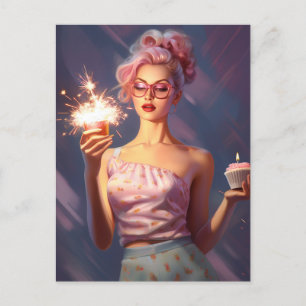 A Stunning Pink Haired Woman Holding A Cupcake Postcard