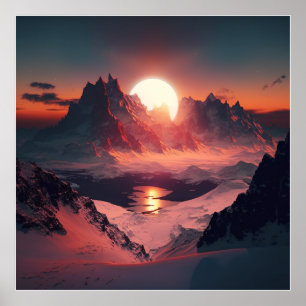 A stunning sunset over colourful snowy mountains. poster