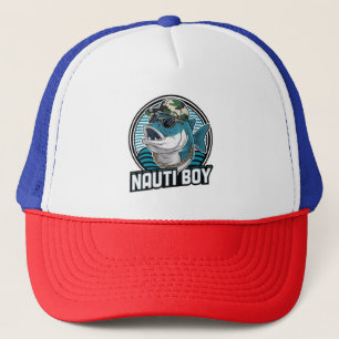 A stylised fish character wearing a camouflage cap