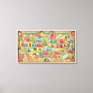 A Stylised Map Of The United States With Nicknames Canvas Print