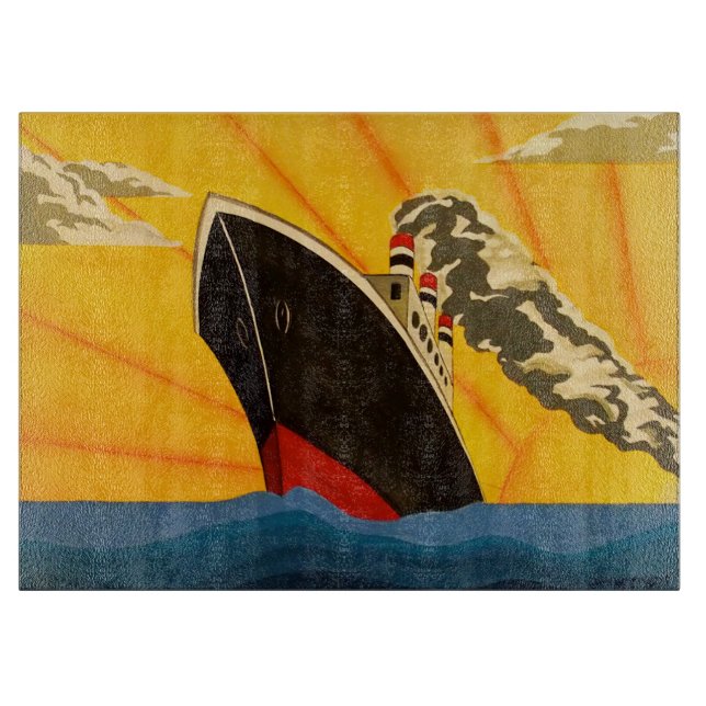 A stylish art deco ship glass chopping board (Front)