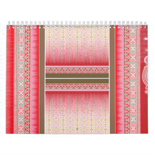 A stylish rug in red and pink, adorned with a bold calendar