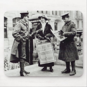 A Suffragette selling newspapers to two Mouse Mat