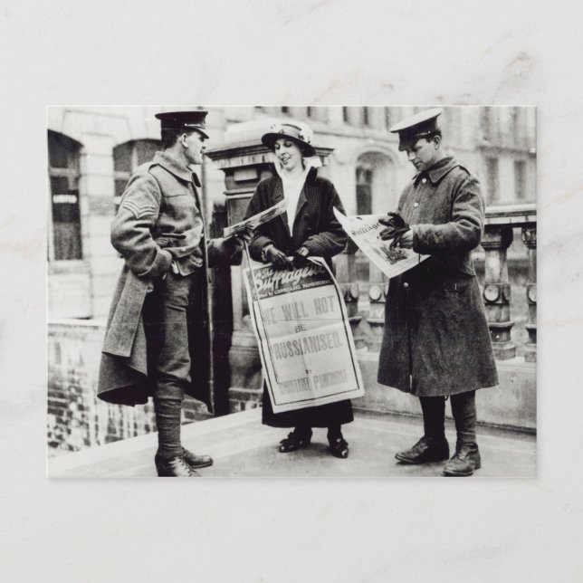 A Suffragette selling newspapers to two Postcard (Front)