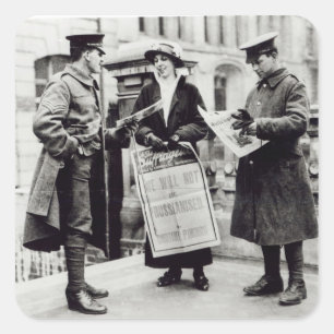 A Suffragette selling newspapers to two Square Sticker