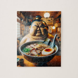 a sumo wrestler with serious eyes in front of a ra jigsaw puzzle
