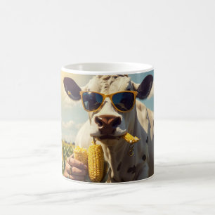 A Sunglasses Wearing Cow Being Fed A Cob of Corn Coffee Mug