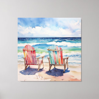 A Sunny Day for Two Colourful Coastal Beach Digita Canvas Print