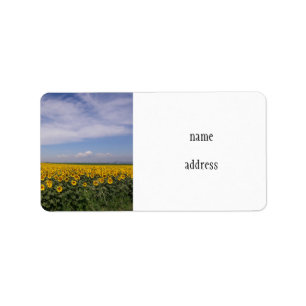 A sunny sunflower field label