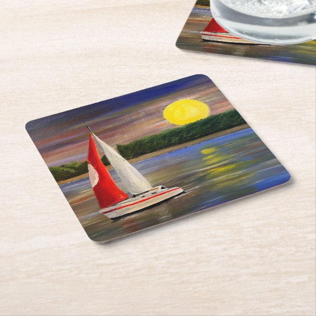 A Sunset Sail, by Gary Poling Square Paper Coaster (Angled)