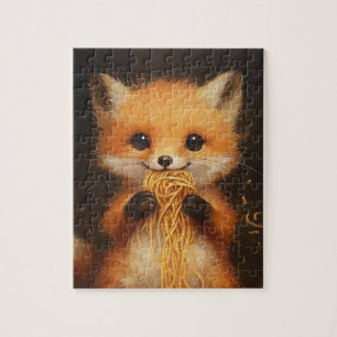 A super cute baby red fox eating spaghetti jigsaw puzzle