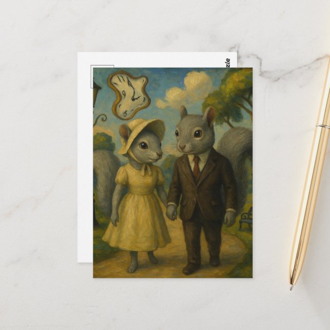 A Surreal Grey Squirrel Couple Postcard (Front/Back In Situ)