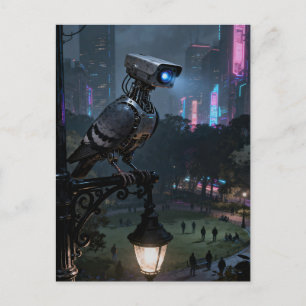A surreal surveillance camera pigeon in the park postcard