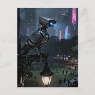 A surreal surveillance camera pigeon in the park postcard