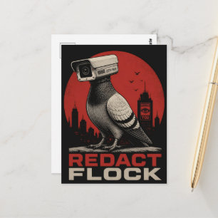 A surreal surveillance camera pigeon redact postcard