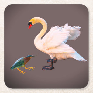 A swan and green heron Button Square Paper Coaster