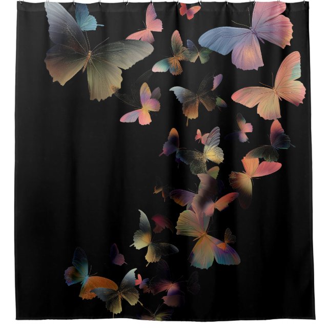 A Swarm of Butterflies - Pastel Rainbow on Black Shower Curtain (Front)