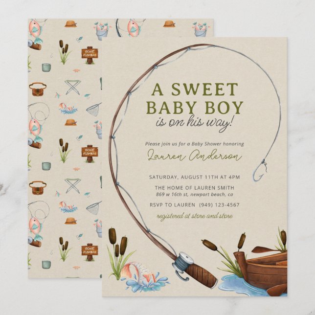 A Sweet Baby Boy Fisherman Watercolor Baby Shower Invitation (Front/Back)