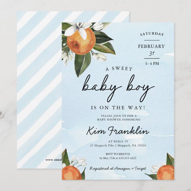 A Sweet Baby Boy is on the Way Clementine Orange I Invitation (Front/Back)