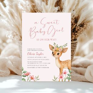 A Sweet Baby Girl Floral Deer Baby Shower Invitation