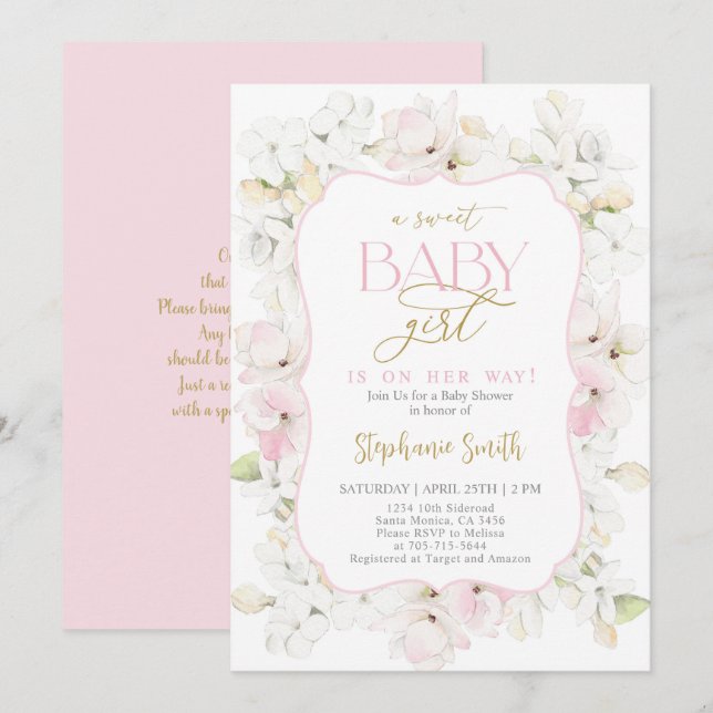 A sweet Baby Girl Hydrangea Baby Shower Invitation (Front/Back)