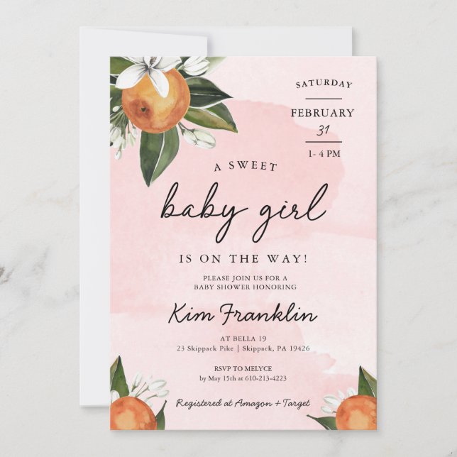 A Sweet Baby Girl is on the Way Clementine Orange  Invitation (Front)