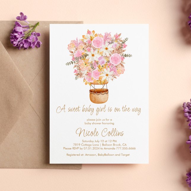 A Sweet Baby Girl Pink Floral Balloon Baby Shower  Invitation (Creator Uploaded)