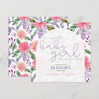 A Sweet Baby Girl Purple & Pink Floral Baby Shower Invitation