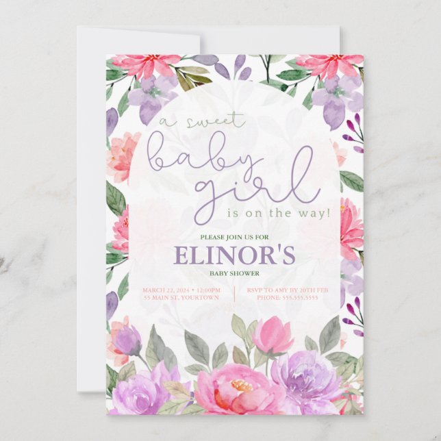 A Sweet Baby Girl Purple & Pink Floral Baby Shower Invitation (Front)