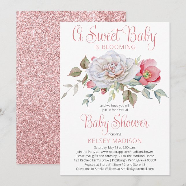 A Sweet Baby Is Blooming Pink Virtual Baby Shower Invitation (Front/Back)