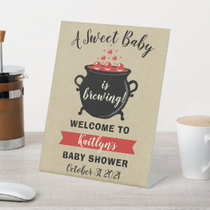 A Sweet Baby Is Brewing Halloween Baby Shower Pedestal Sign